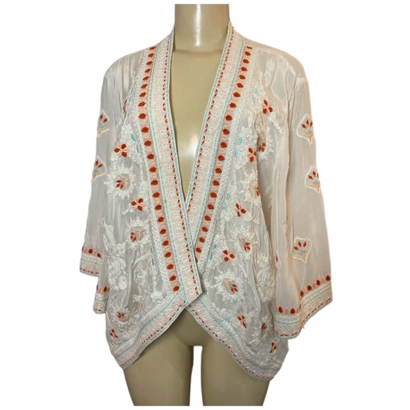 Tolani Sweaters - Tolani Kimono Ivory Off White Embroidered Floral Aukai Cardigan Size Medium